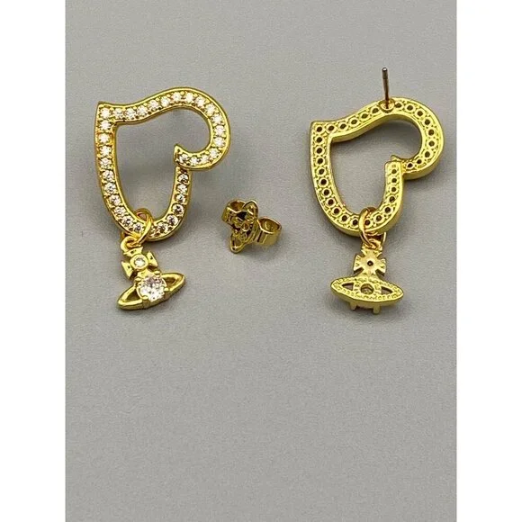 Vivienne Westwood Gold Pave Heart Earrings W/ CZ Orb & Dust Bag